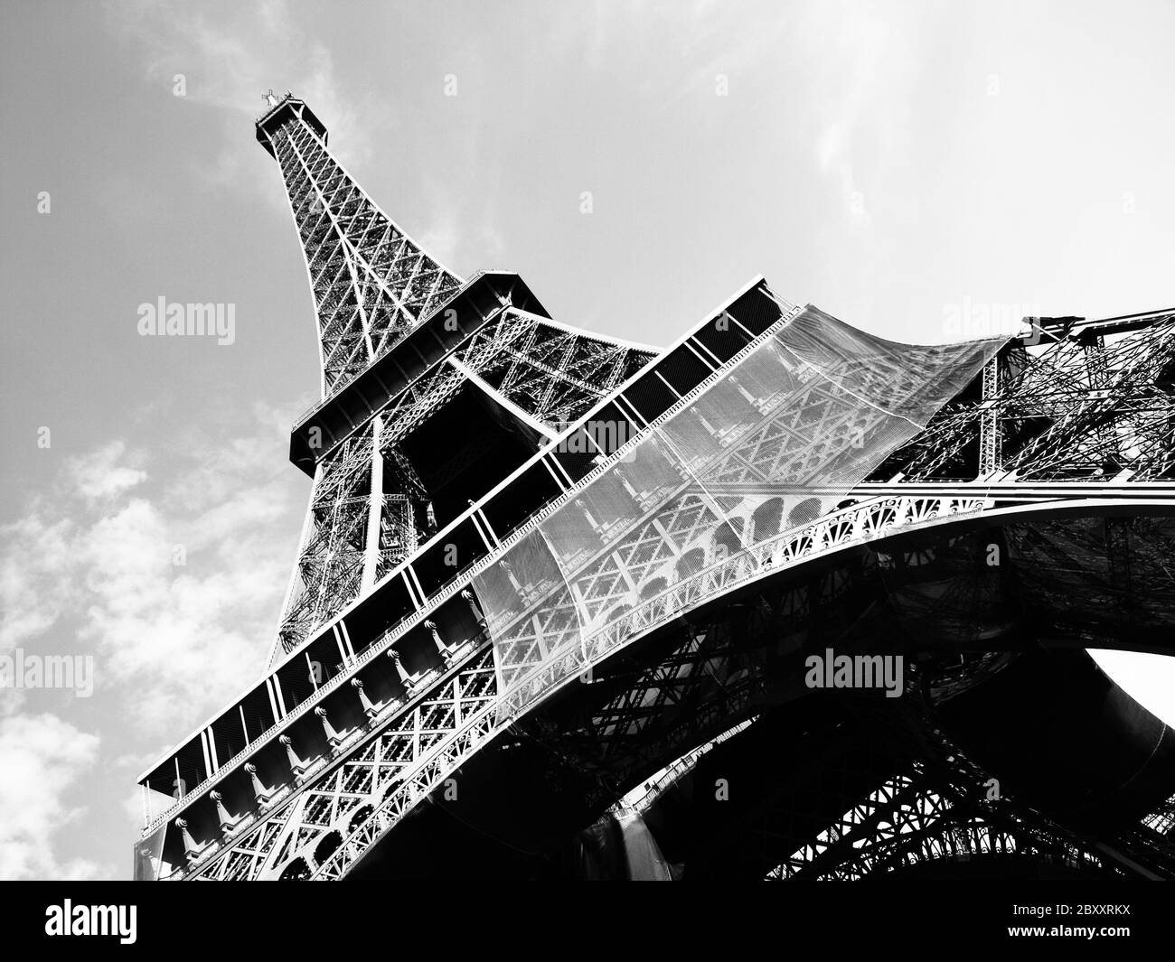 Detailed bottom view of Eiffel tower, Paris, black and white image Stock Photo