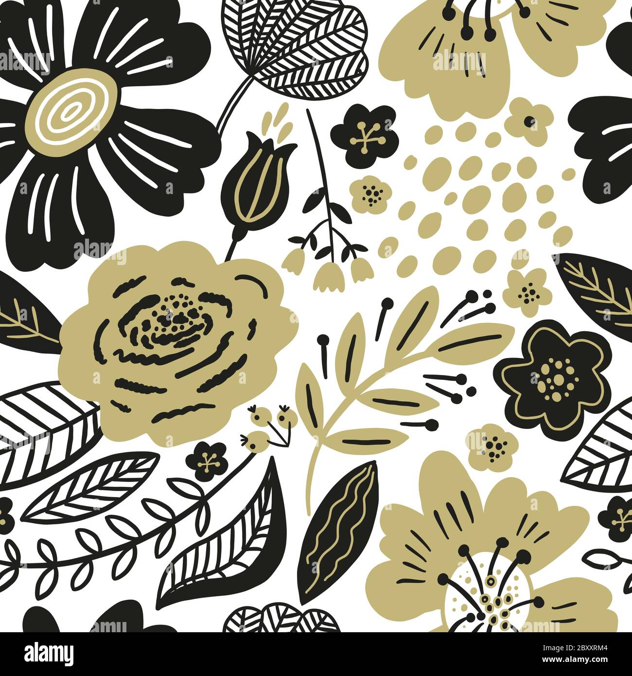 Vector floral seamless pattern gold and black colors. Flat flowers, petals, leaves with and doodle elements. Collage style botanical background for Stock Vector