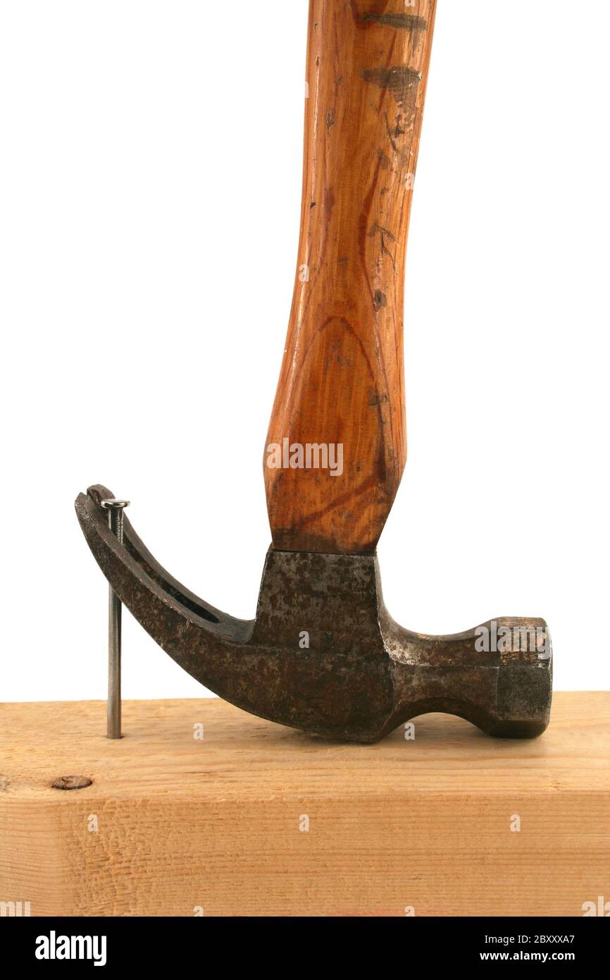 A Claw Hammer pulling a nail from wood Stock Photo