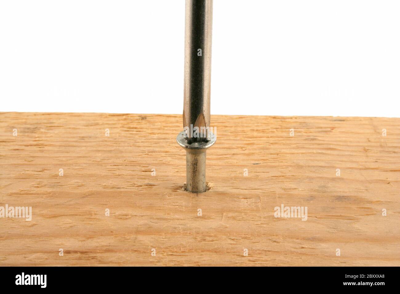 Screwdriver driving a screw into wood Stock Photo Alamy