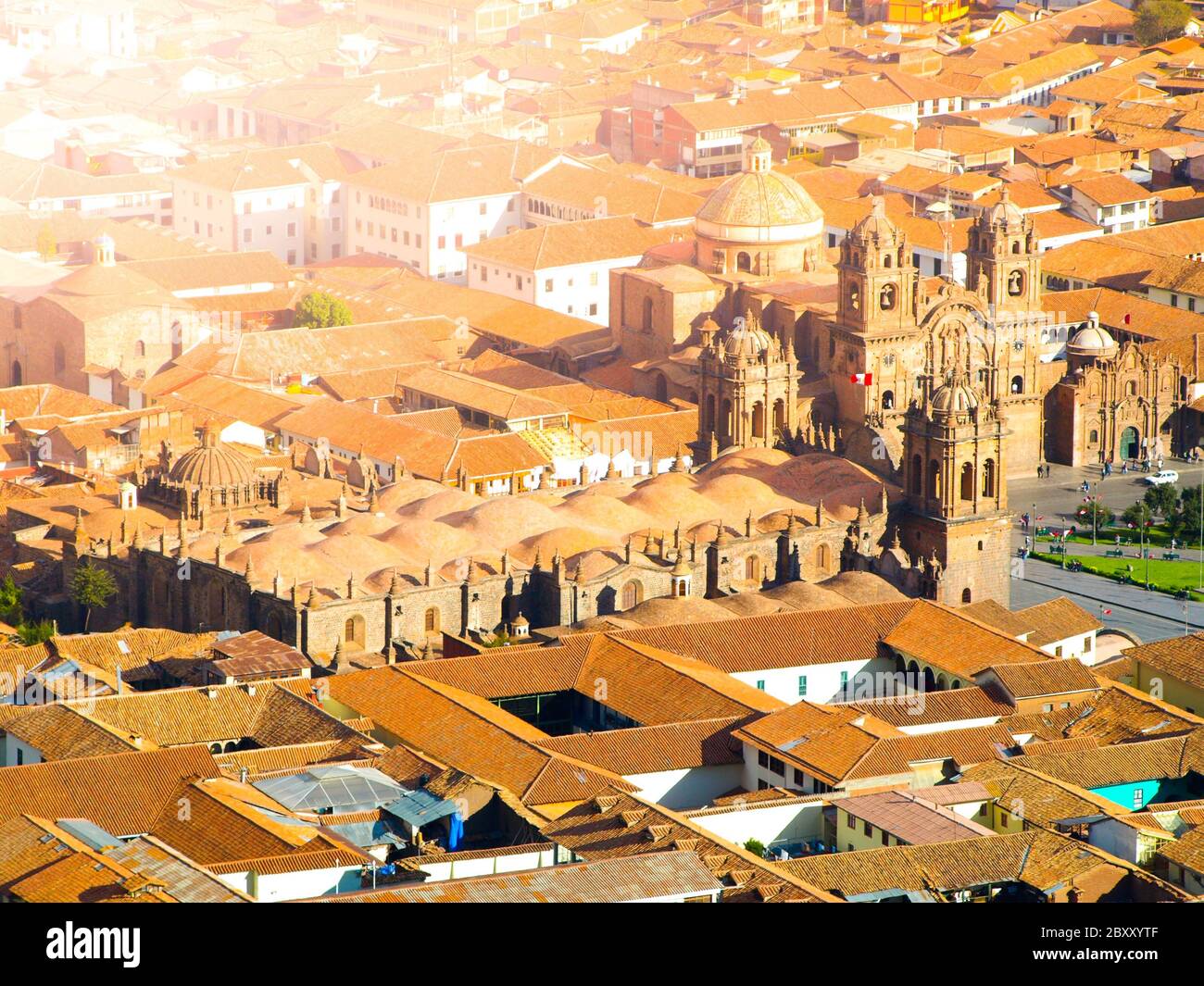 Aerial view of Cusco Cathedral at Plaza de Armas, Cusco, Peru. Stock Photo