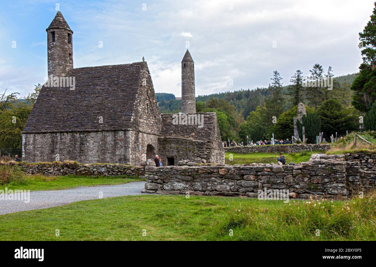 Glendalough in Ireland's Wicklow Mountains National Park preserves an early Medieval monastic settlement founded in the sixth century by St. Kevin. Stock Photo
