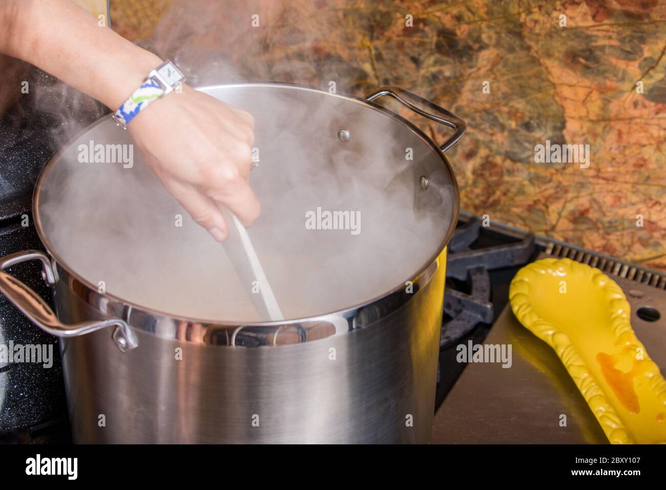 https://c8.alamy.com/comp/2BXY107/woman-stirring-a-boiling-pot-of-apricot-jam-with-heavy-steam-2BXY107.jpg