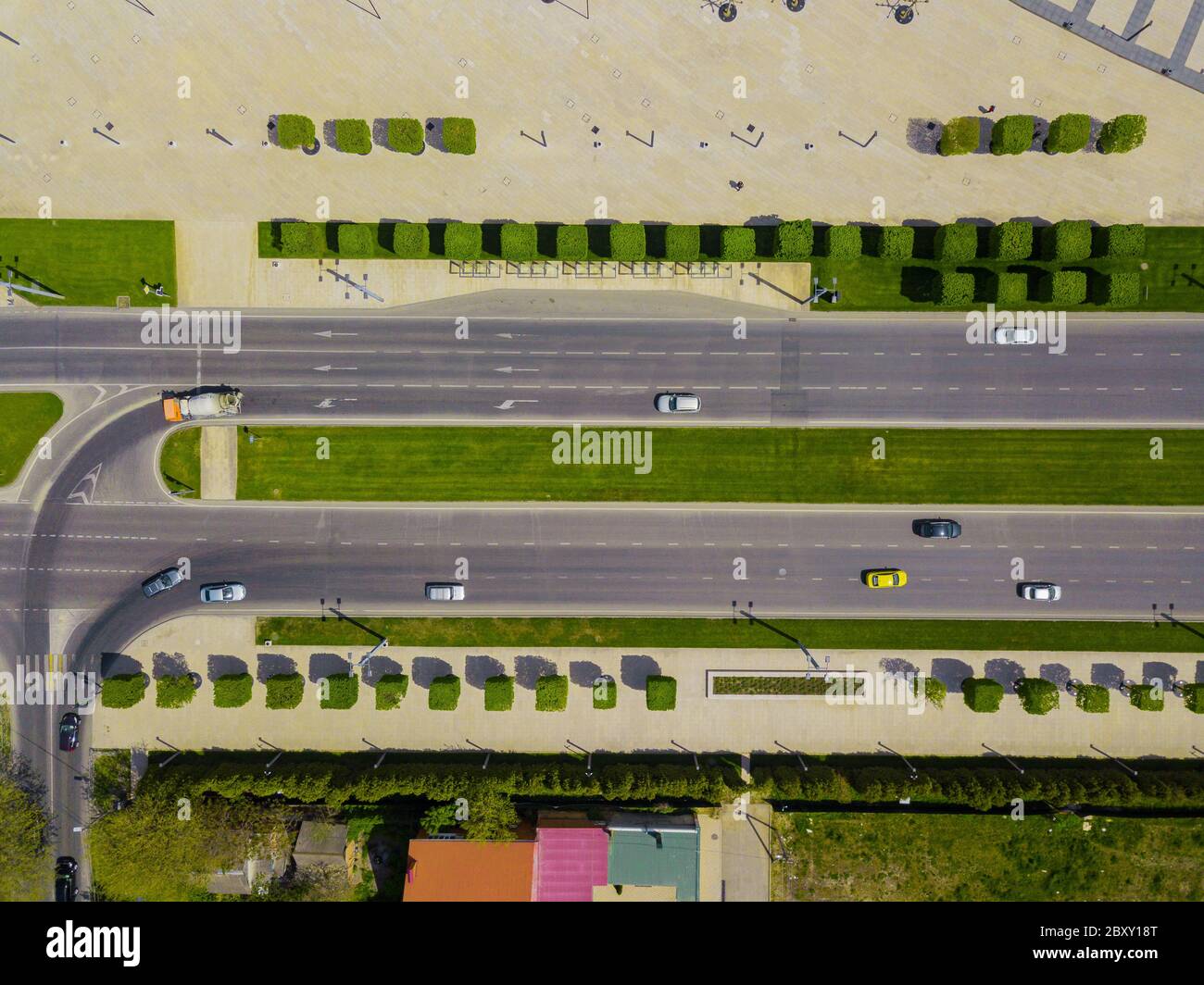 Aerial view of the vehicular intersection, city traffic with cars on ...
