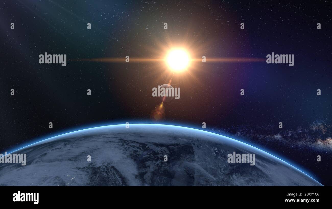 Sunrise over earth as seen from space. With stars background. 3d ...