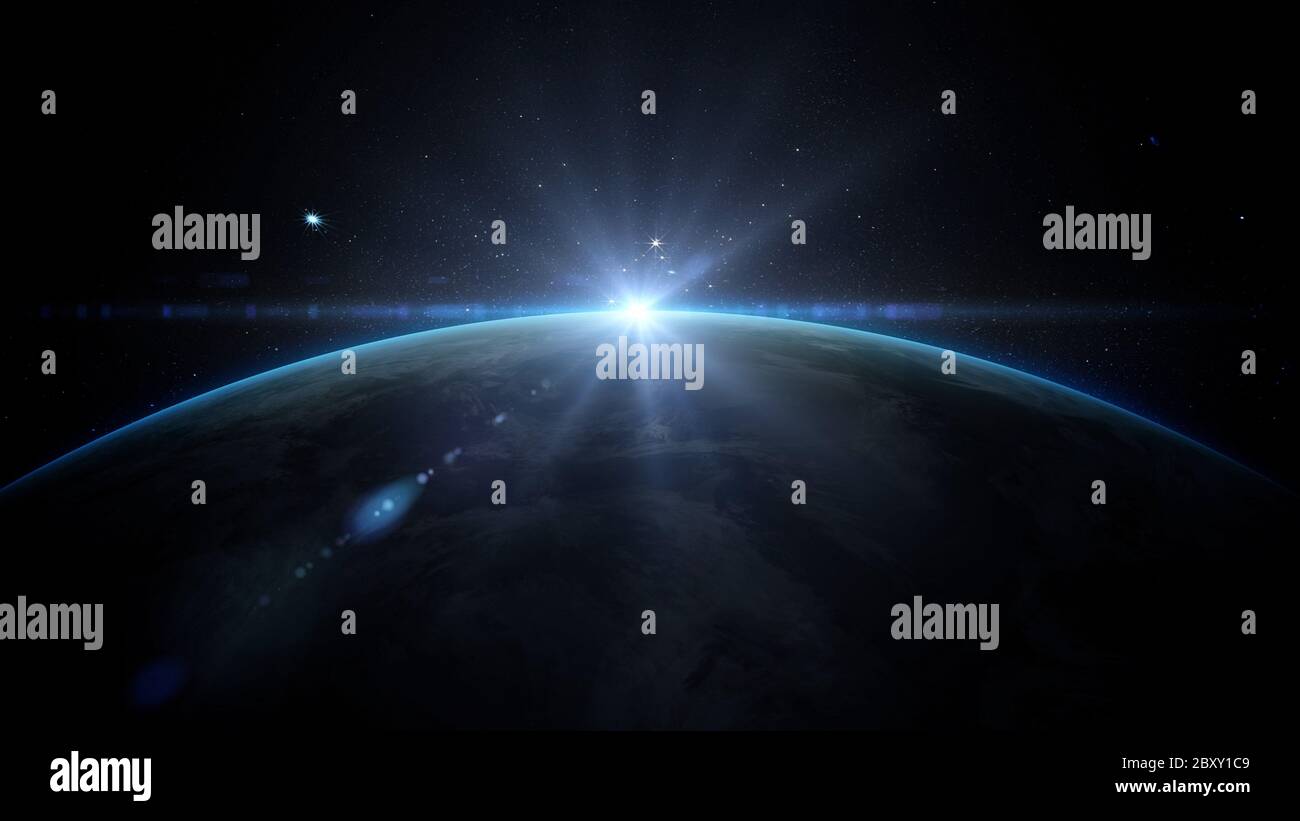 Sunrise over earth as seen from space. With stars background. 3d ...