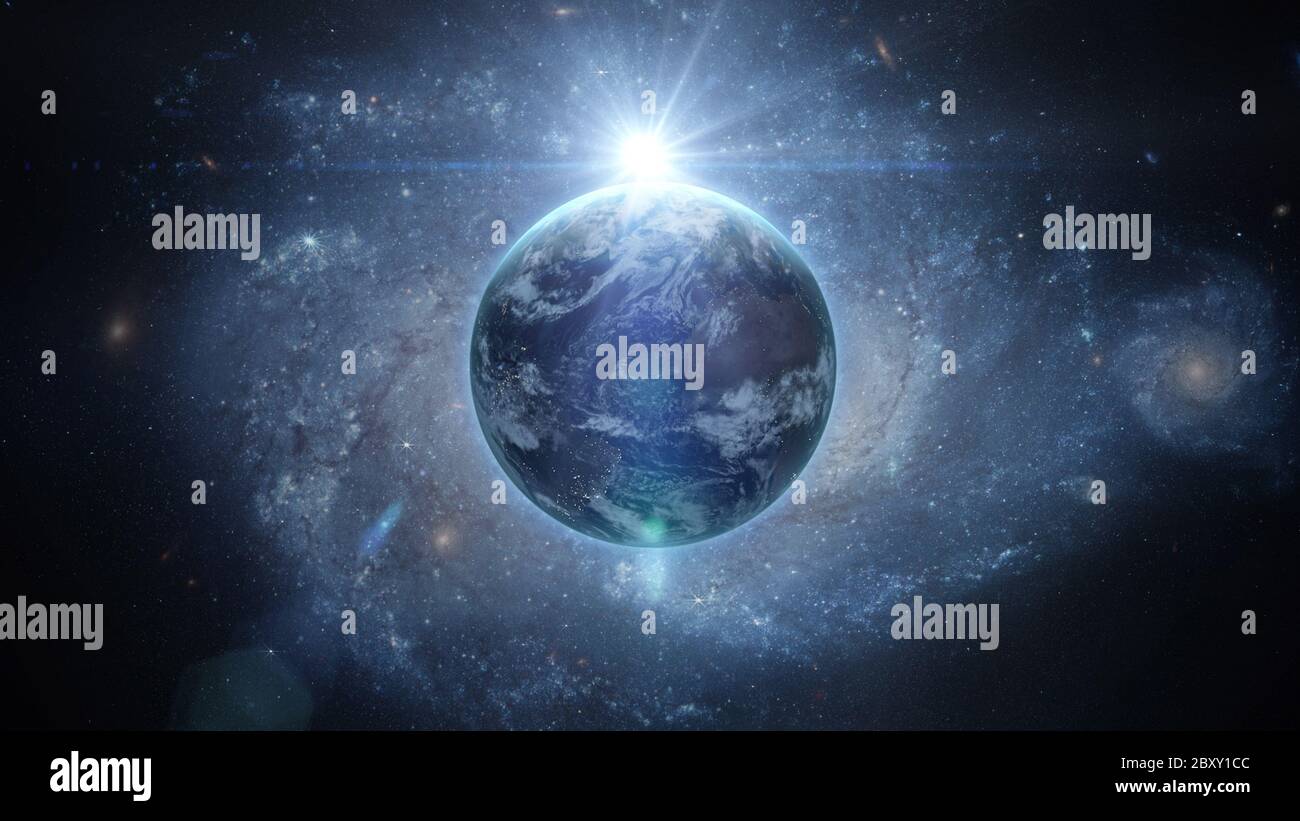Sunrise over earth as seen from space. With stars background. 3d ...