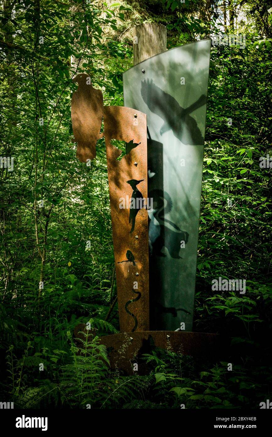 Scultural art installation featuring local wildlife, Derby Reach Regional Park, Langley, British Columbia, Canada Stock Photo
