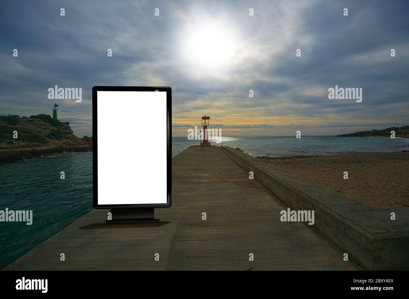 Blank advertising mockup in the street . Poster billboard on the beach background Stock Photo