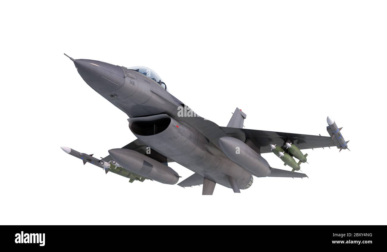 F -16 , american military fighter plane.Jet plane. Fly in clouds. 3d rendering Stock Photo