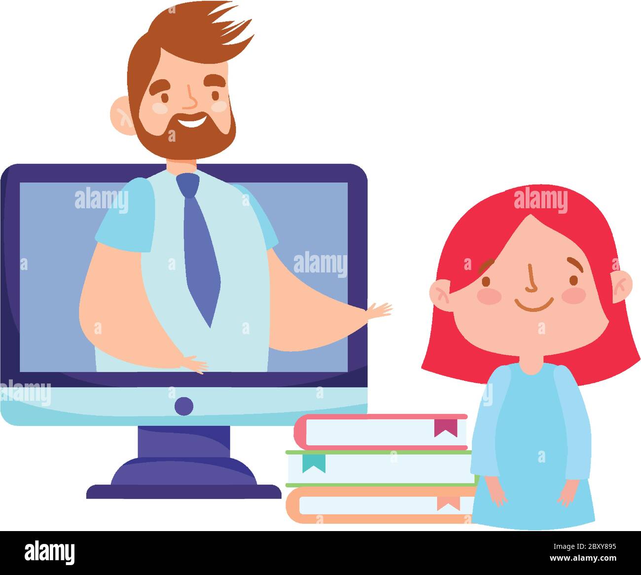 online education teacher on video computer student books vector ...