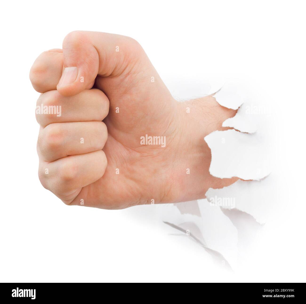 Fist punching paper Stock Photo Alamy