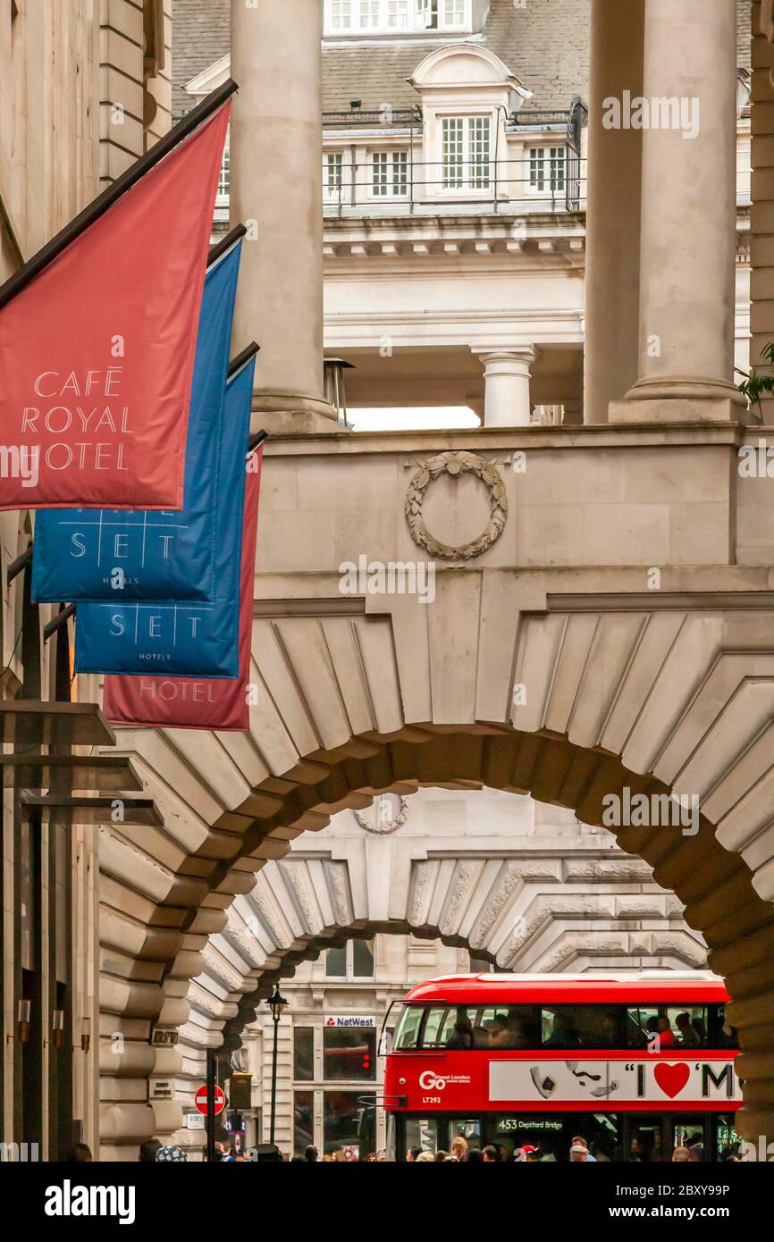 Hotel Café Royal in London with double decker bus Stock Photo