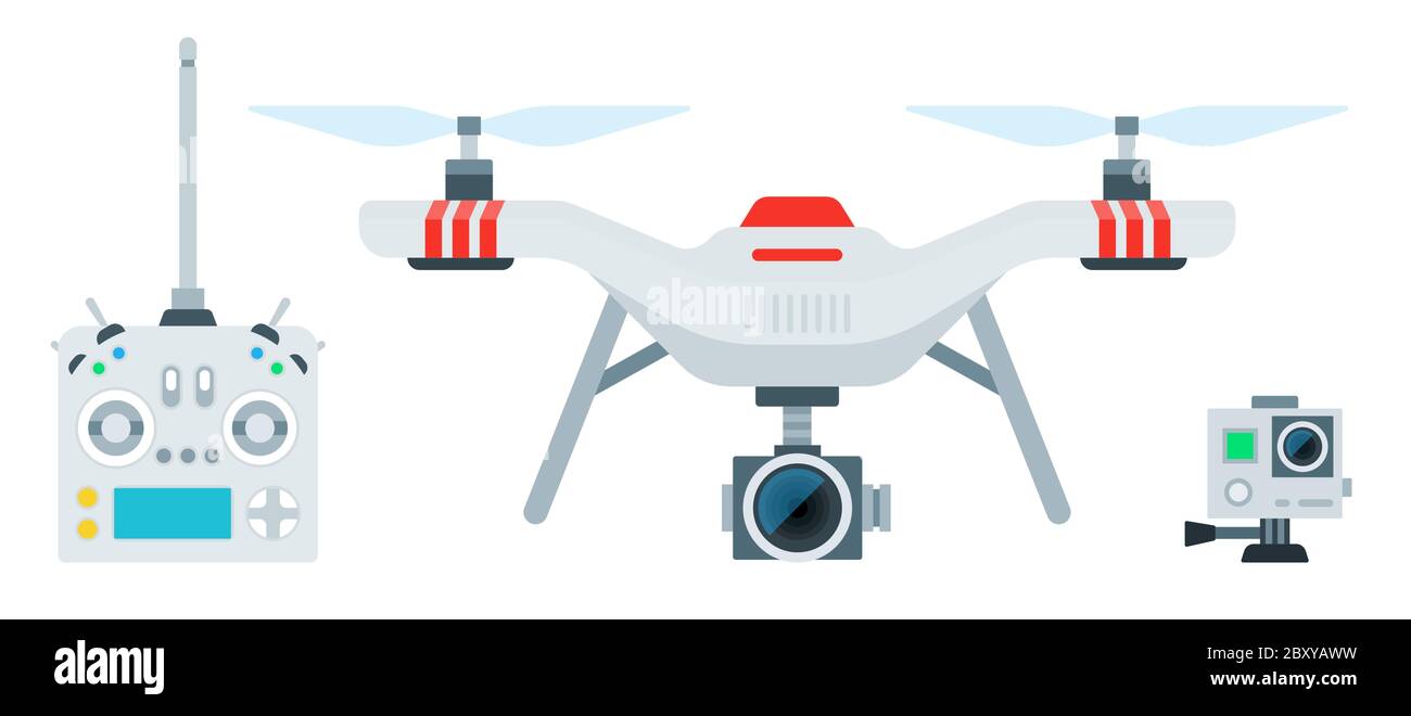 Set of a drone with a camera, a remote control and an action camera ...