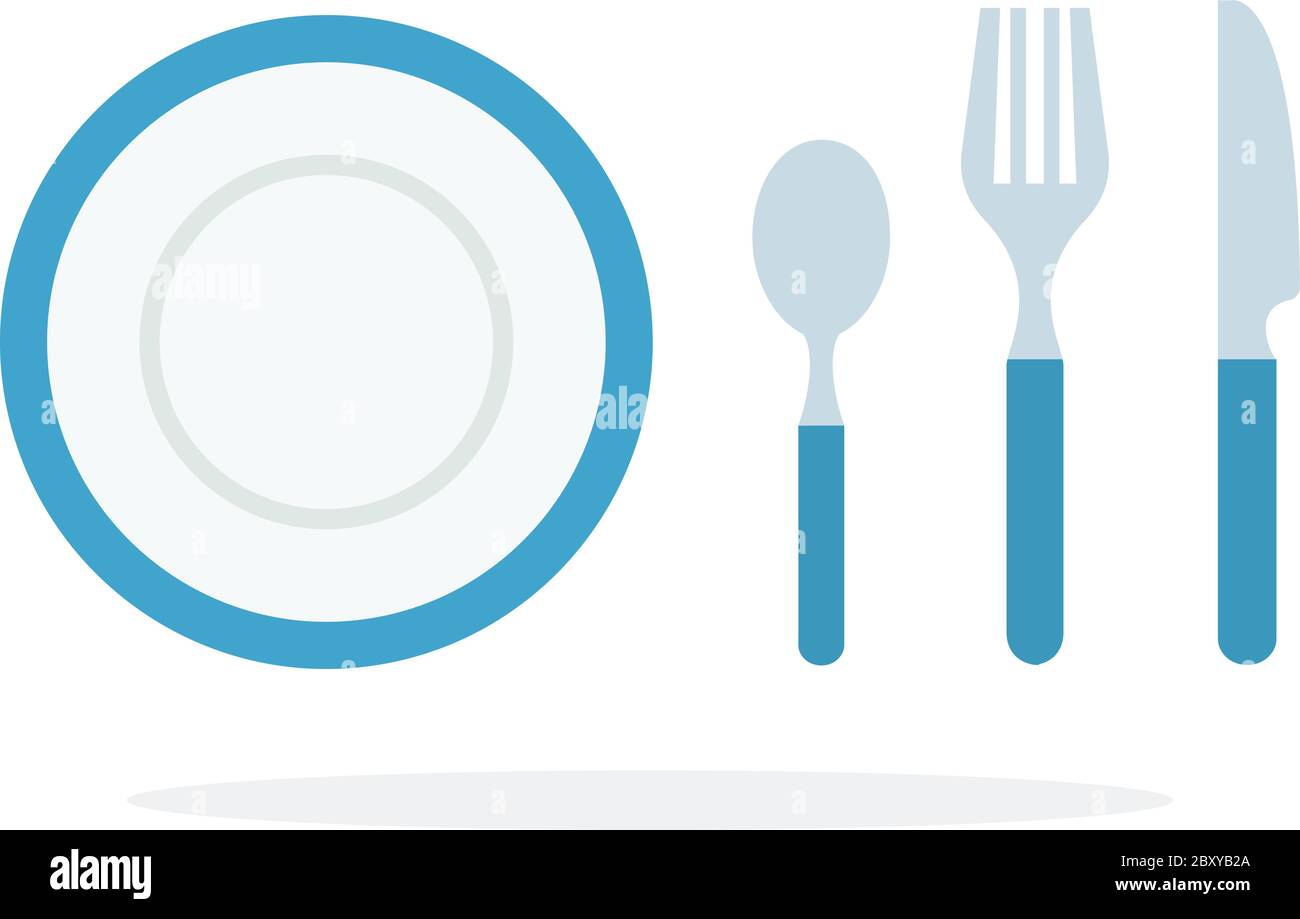 Tablespoons teaspoon, fork, knife, plate with blue piping vector flat isolated Stock Vector
