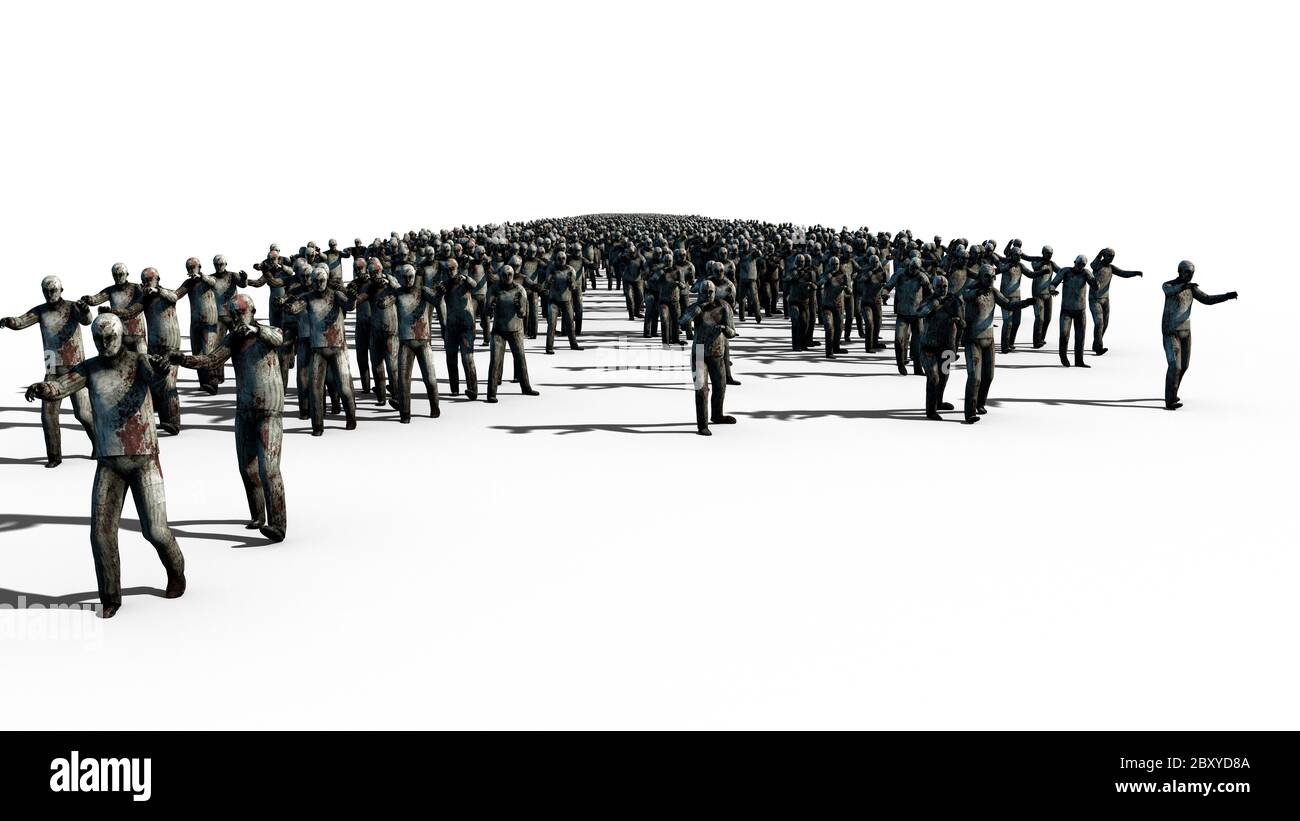 A large crowd of zombies. Apocalypse, halloween concept. isolate on white. 3d rendering. Stock Photo