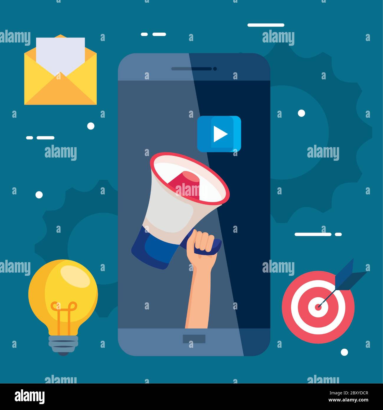 Smartphone with megaphone and icon set of digital marketing vector ...