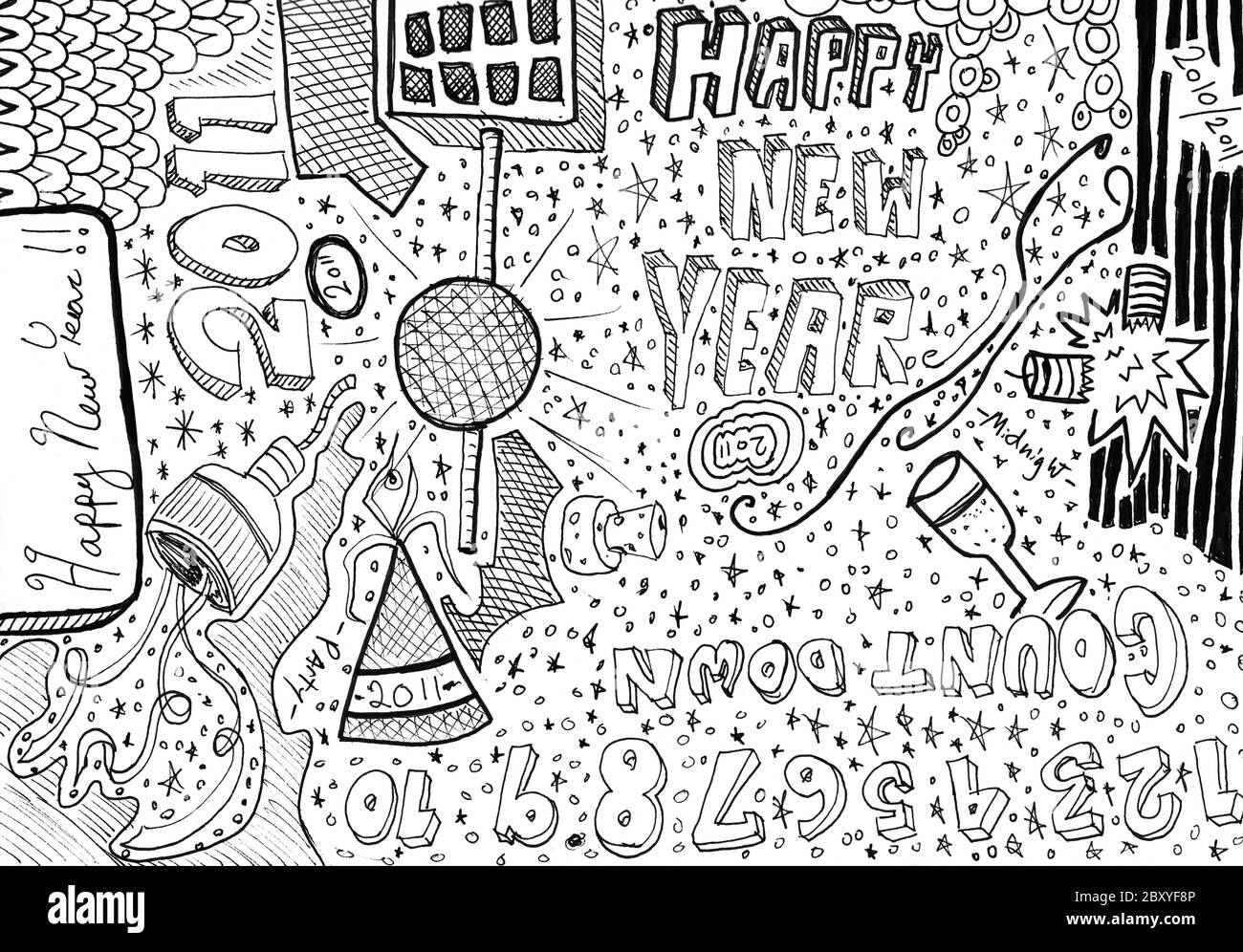Happy new year hand drawn doodles Stock Photo