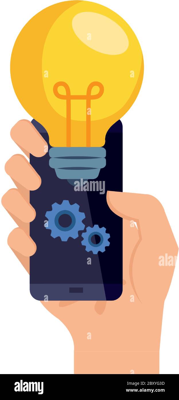 hand holding smartphone with light bulb and gears vector design Stock ...