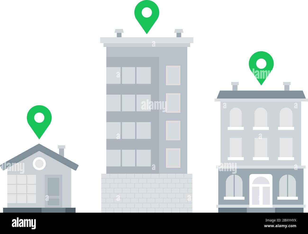 Location pins above buildings vector icon flat isolated Stock Vector