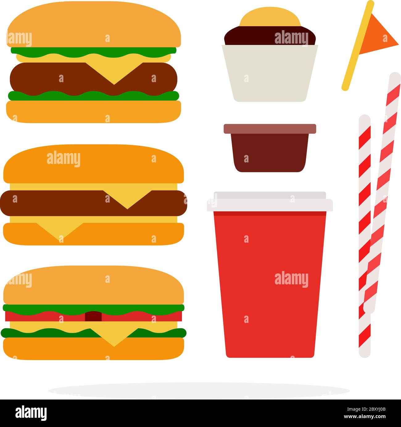 Cheeseburger, burger with beef, veggie burger, plastic cup for drinks, straws, barbecue sauce, chocolate cake Stock Vector