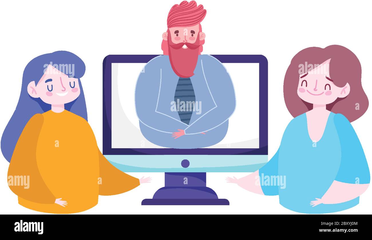 online education male teacher video computer and student girls vector ...