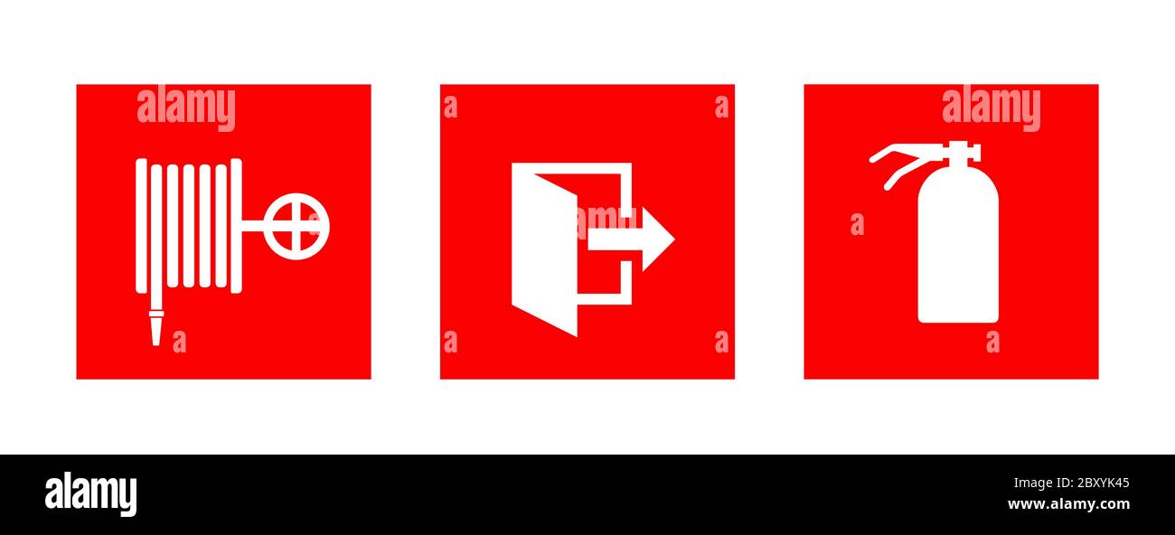 Fire hose, Fire Exit and Extinguisher vector flat icon isolated. Stock Vector