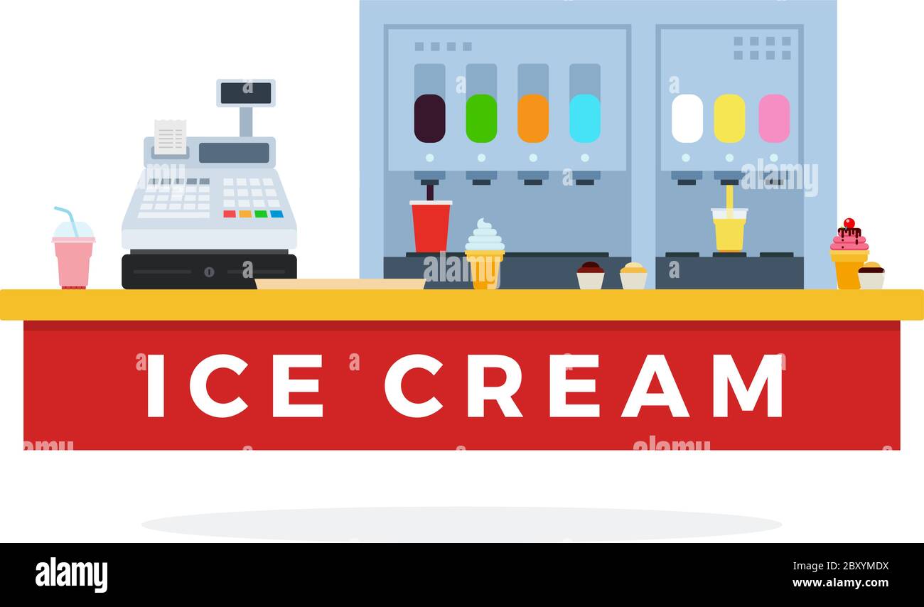 Ice Cream counter with food and tools flat vector Stock Vector