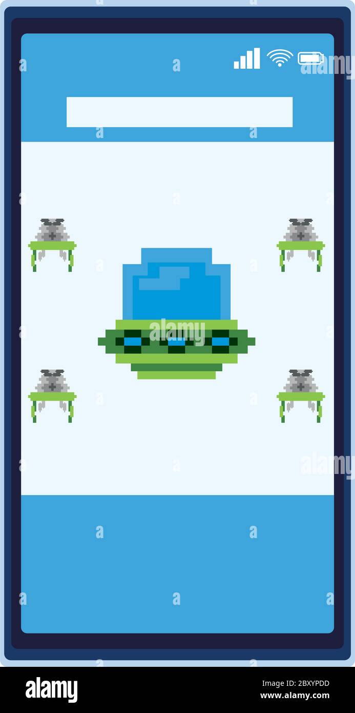 space aliens with ufo in smartphone 8 bits pixelated icon vector illustration design Stock Vector