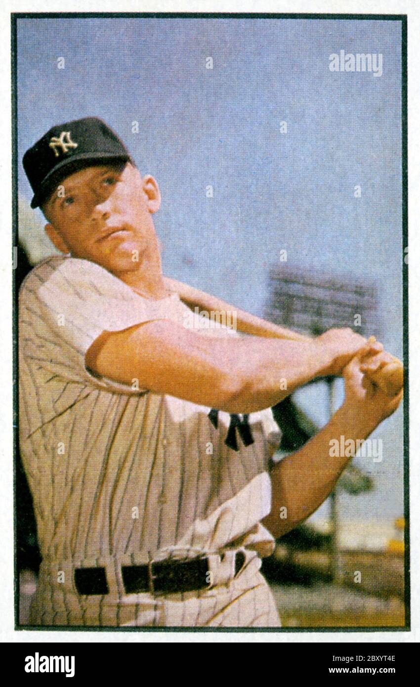 Mickey Mantle 1953 Bowman color baseball card with the New York Yankees. Stock Photo