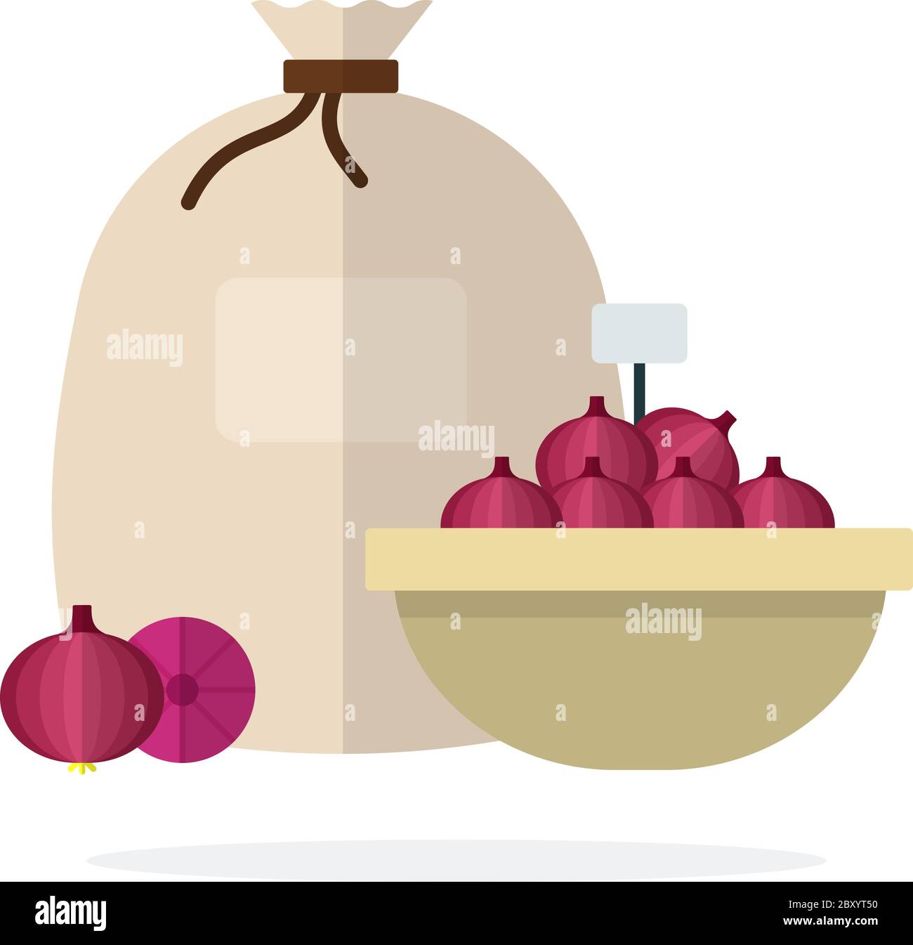 Red onion in a basket and linen sack flat isolated Stock Vector