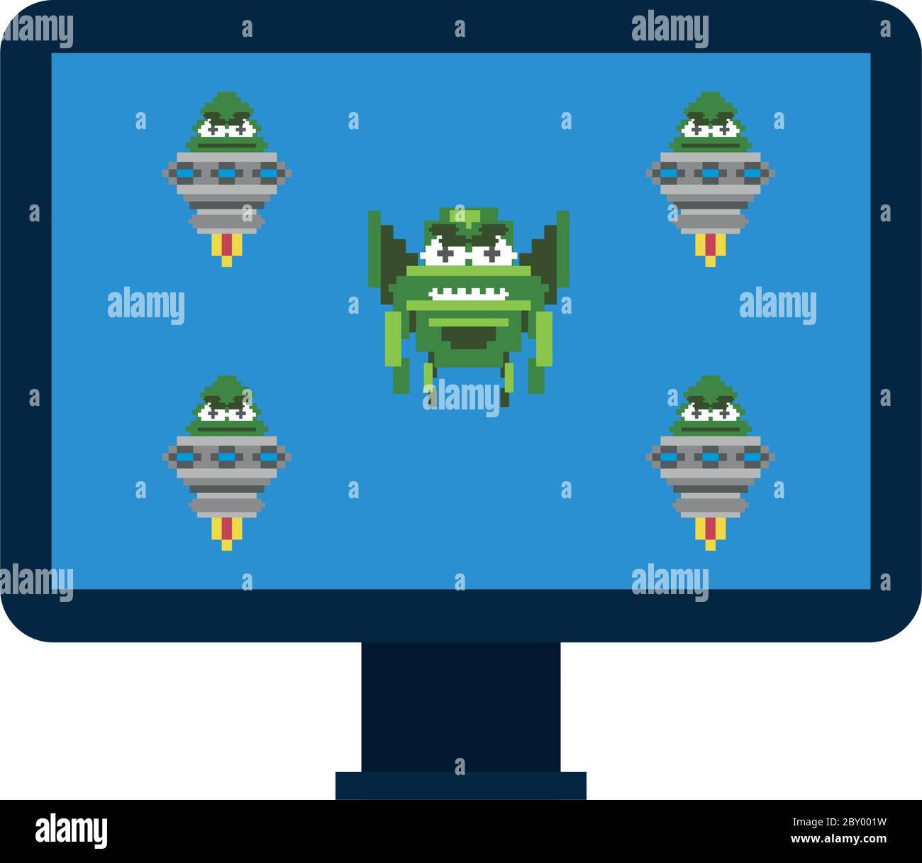 space alien with ufos in desktop 8 bits pixelated icon vector illustration design Stock Vector