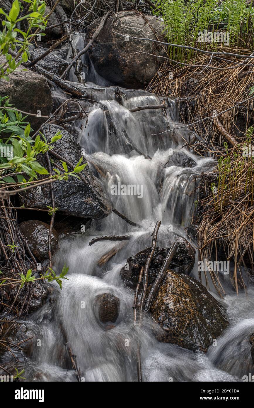 Creekside Cascades on the Glacier Gorge Trail to Sky Pond, Loch Vale, and Mill's Pond in Rocky Mountain National Park, Colorado Stock Photo