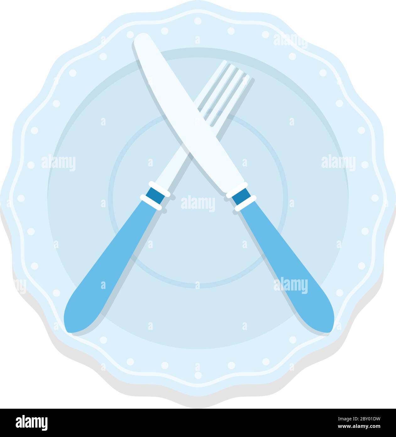 Rules of table etiquette. Fork and knife on a plate means 'finished the meal, the dish did not like it' flat isolated Stock Vector