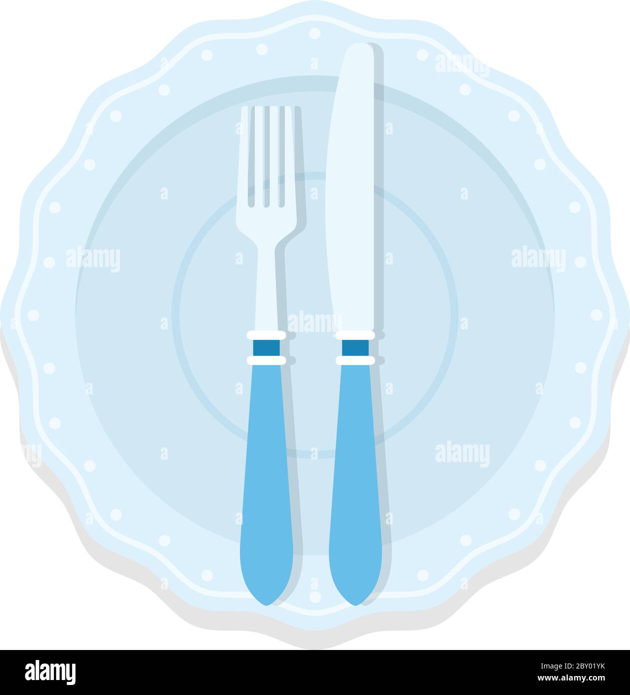 Rules of table etiquette. Fork and knife straight on a plate means 'finished the meal' flat isolated Stock Vector