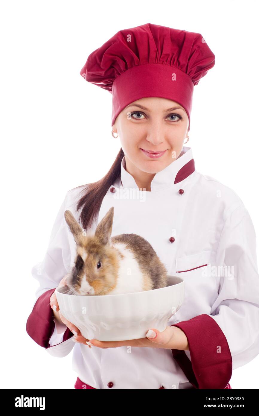 Chef with dwarf rabbit inside a bowl Stock Photo Alamy