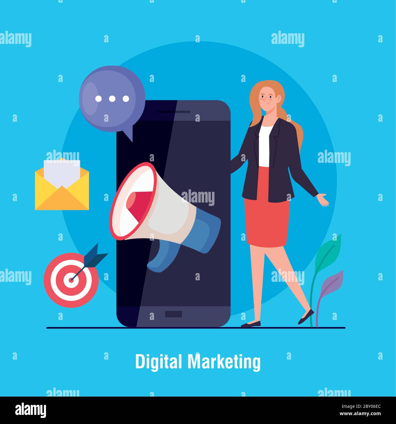 Woman with smartphone and icon set of digital marketing vector design ...