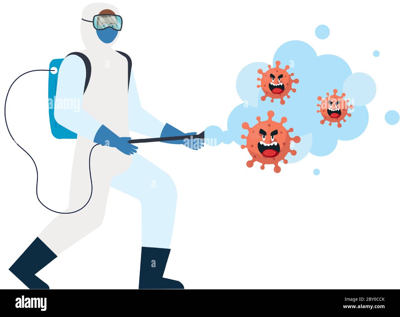 Man with protective suit spraying covid 19 virus cartoons vector design