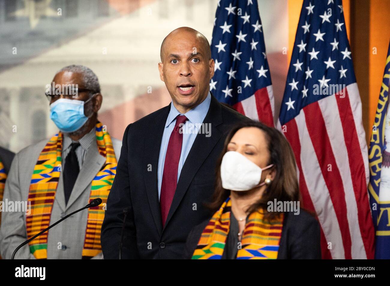 U.S. Senator Cory Booker (D-NJ) speaks during a press conference with Congressional Democrats unveiling policing reform and equal justice legislation in Washington. Stock Photo