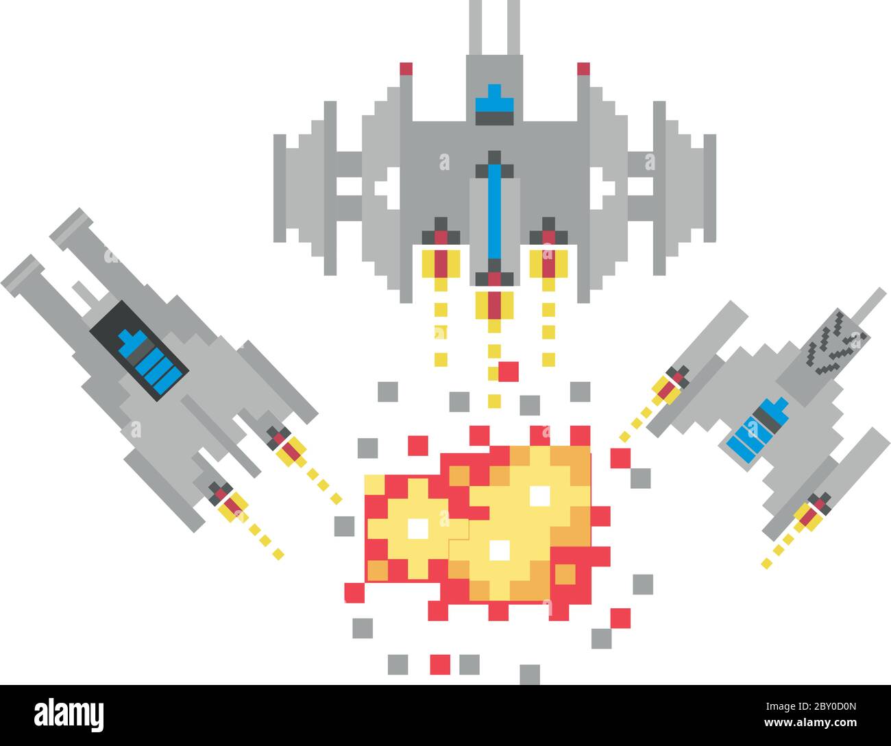 space ships fighting 8 bits pixelated icon vector illustration design Stock Vector