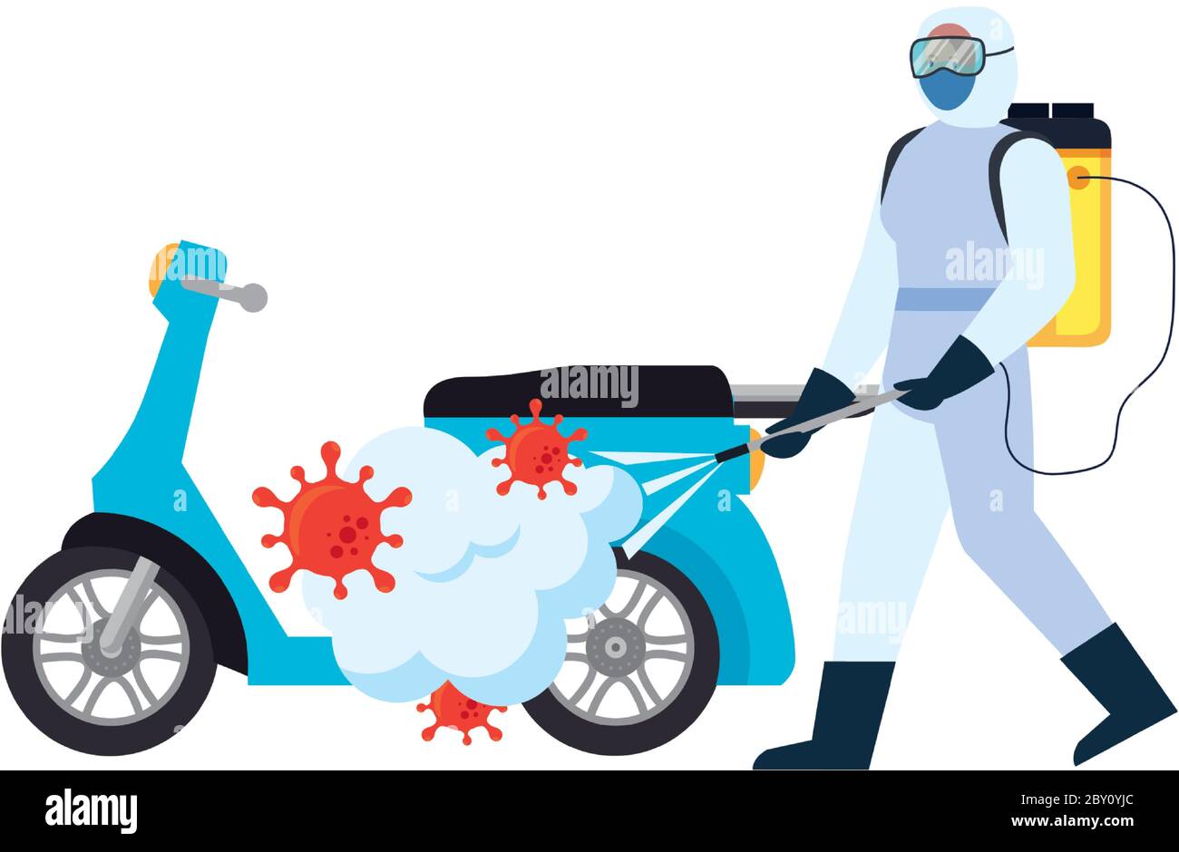 Man with protective suit spraying motorcycle with covid 19 virus vector