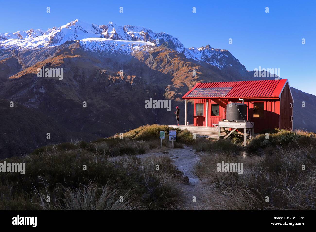 Liverpool Hut in the Matukituki Valley in Mt. Aspiring National Park, hiking trail, New Zealand. Stock Photo
