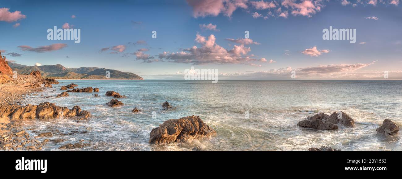 Scenic panorama of part of the beautiful, tropical coastline at Red Cliff Point from Cairns to Port Douglas in Queensland, Australia. Stock Photo