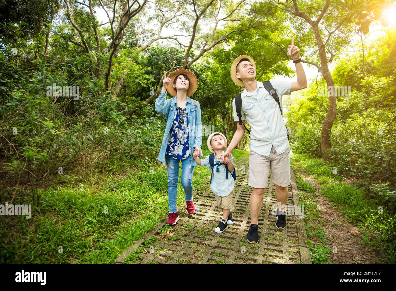 happy family hiking through the forest Stock Photo