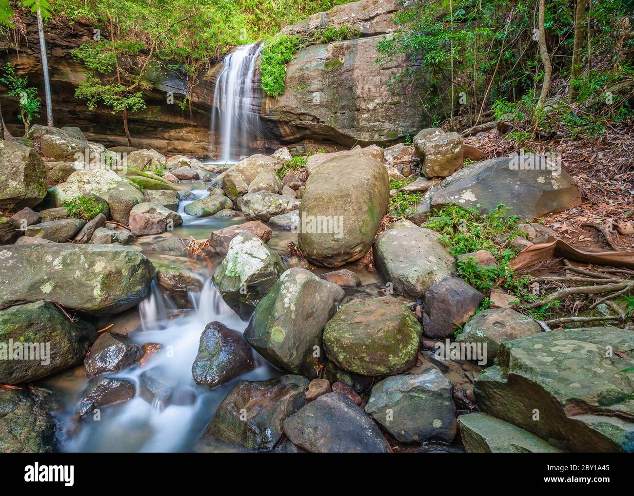 The picturesque waterfall and rock pool at the end of Buderim Forest Park's bush walk on the Sunshine Coast in South-east Queensland. Stock Photo