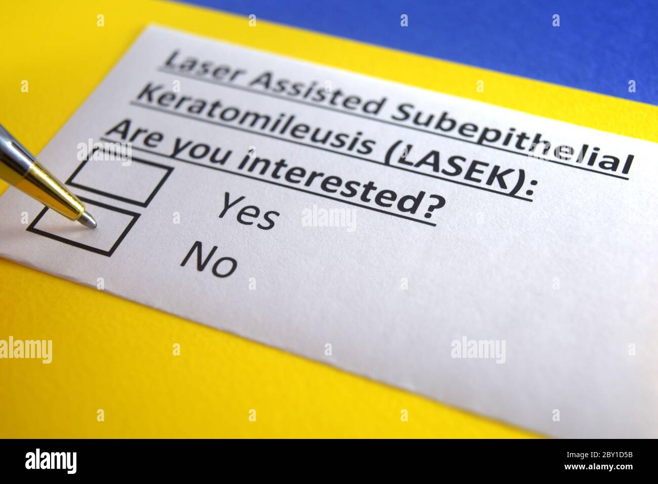 One person is answering question about laser assisted subepithelial keratomileusis (LASEK). Stock Photo