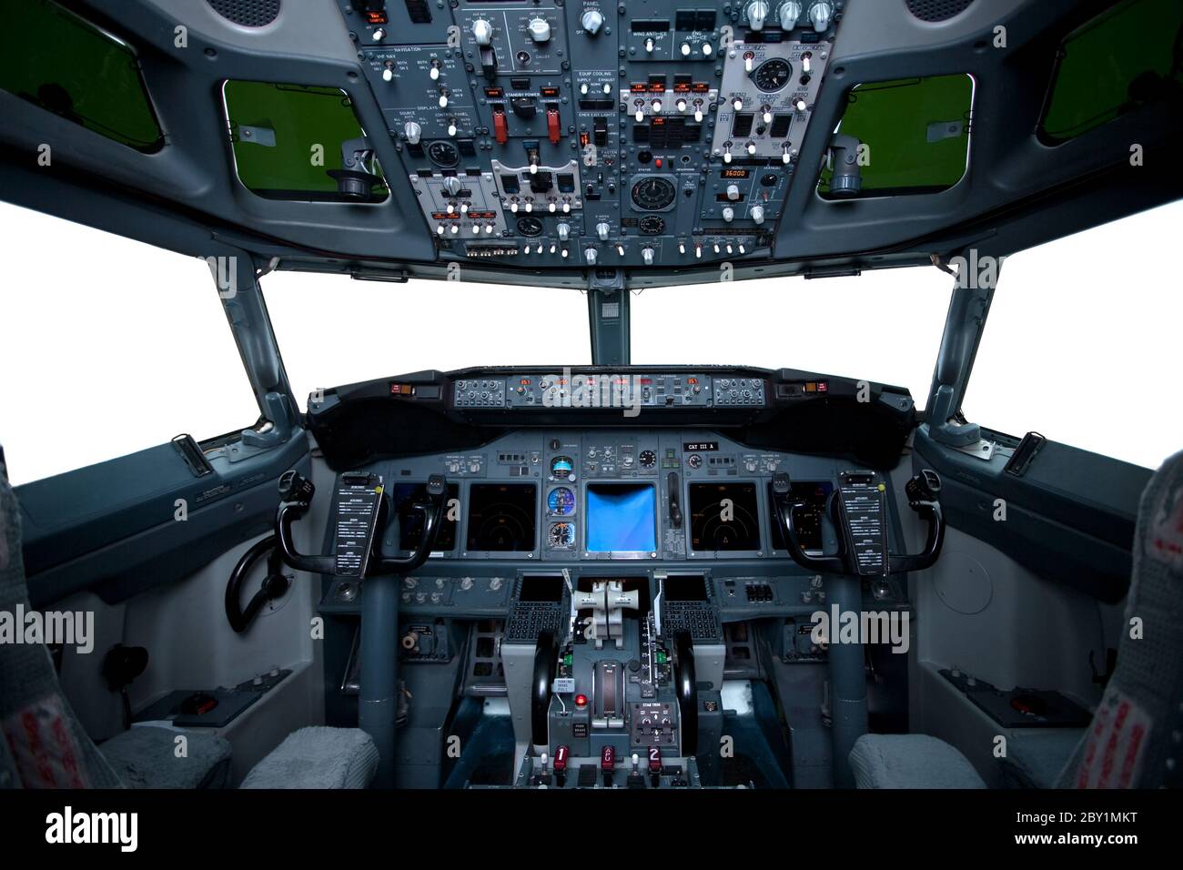 Boeing interior, cockpit view inside the airliner, isolated windows Stock Photo