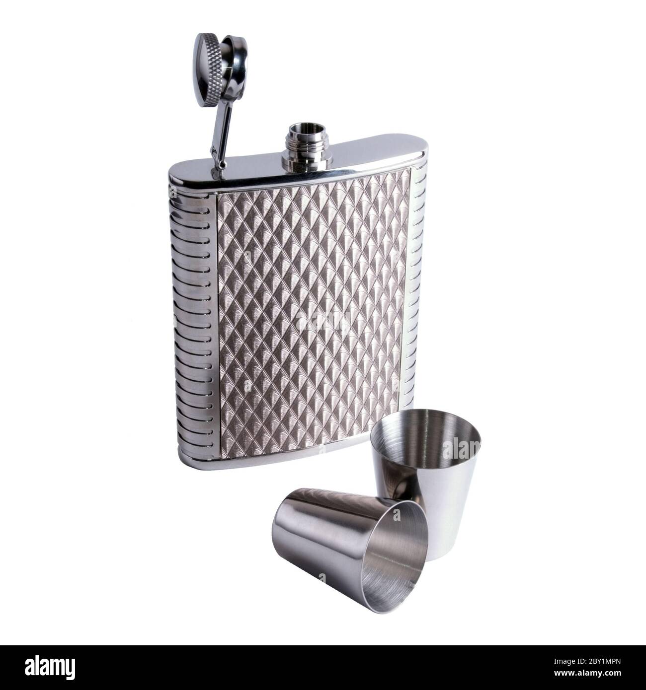 alcohol grooved flask and two steel drinks Stock Photo Alamy
