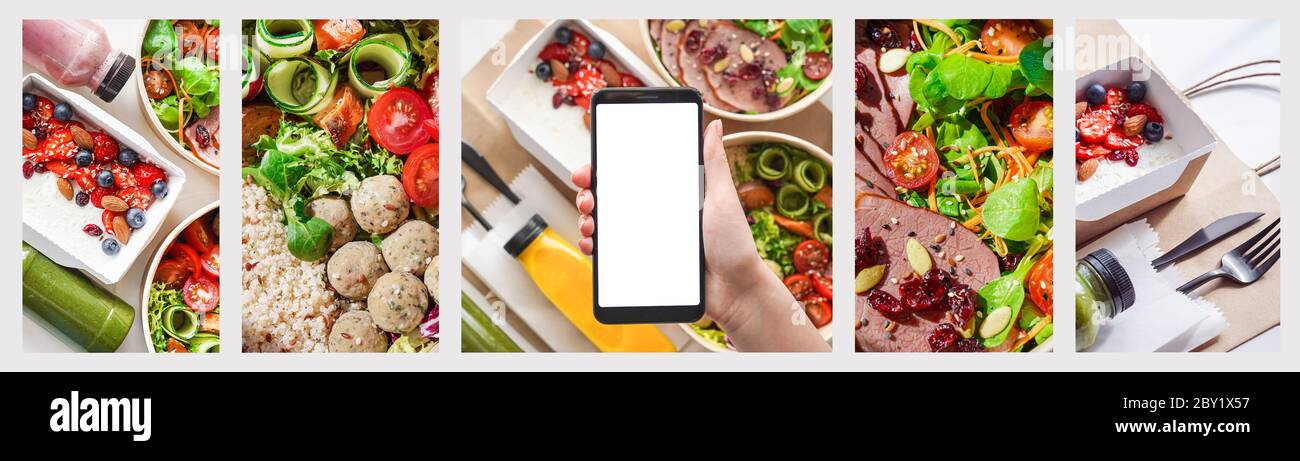 Female hand hold phone mockup screen use food boxes delivery service app banner. Stock Photo