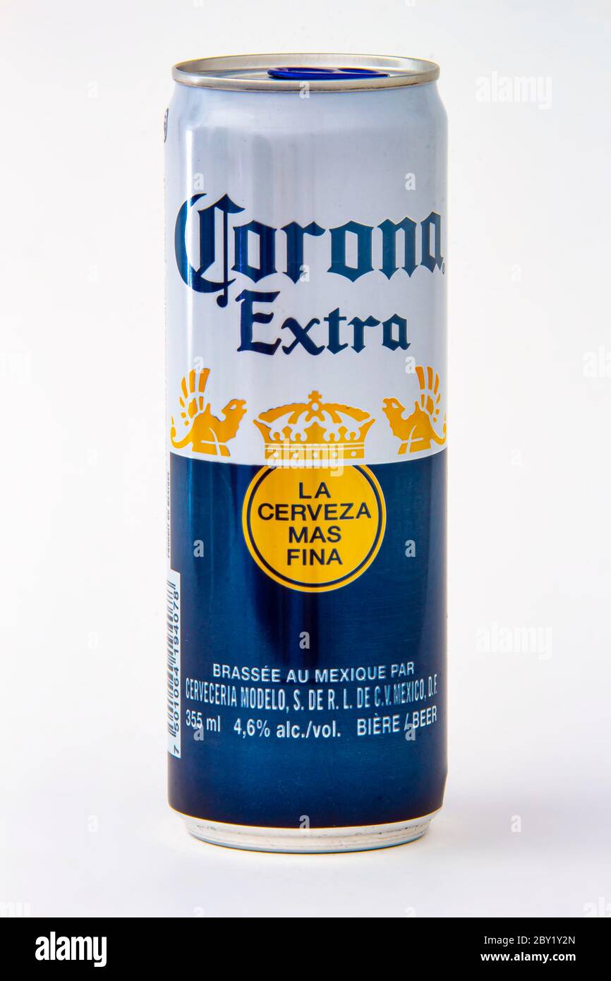 Calgary, Alberta, Canada. June 08, 2020. An isolated Corona Extra beer can on a white background Stock Photo